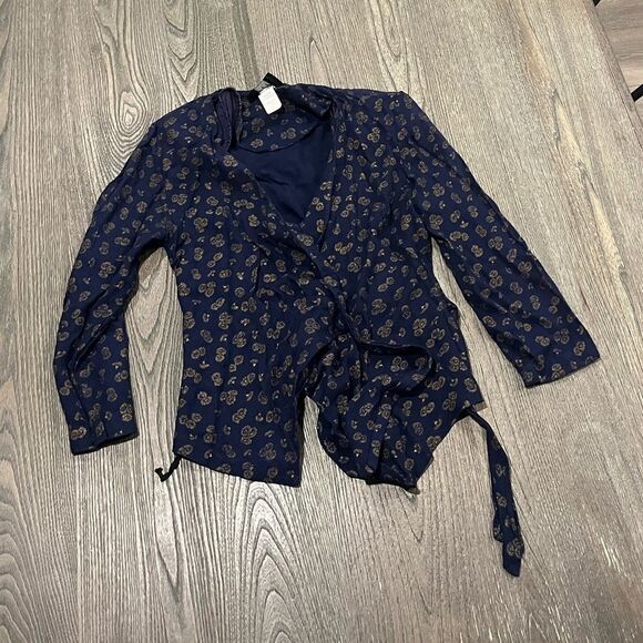 Toby Tops - Toby Vintage Navy Blue Fan Print Wrap Blouse Long Sleeve Size 4